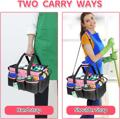 Cleaning Caddy Bag Wearable, Cleaning Caddy Supplies Organizer with Handle, Shoulder Straps & Detachable Divide, Cleaning Tool Organizers Tote Bag for Cleaners & Housekeepers(Pink)