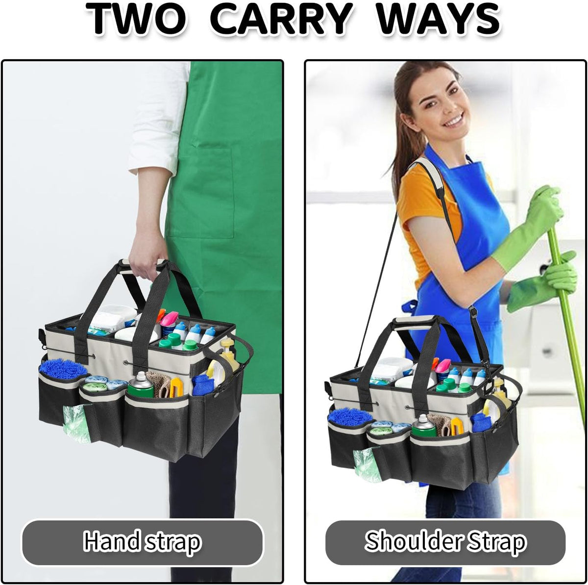 Cleaning Caddy Bag Wearable, Cleaning Caddy Supplies Organizer with Handle, Shoulder Straps & Detachable Divide, Cleaning Tool Organizers Tote Bag for Cleaners & Housekeepers(Pink)