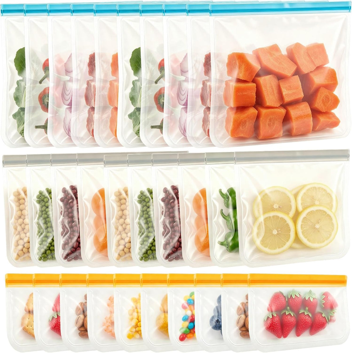 30 PCS Reusable Freezer Bags Washable, BPA Free Leakproof Food Storage Bags for Fruit, Meal Prep, Freezing Meat- 10 Gallon 10 Sandwich 10 Snack