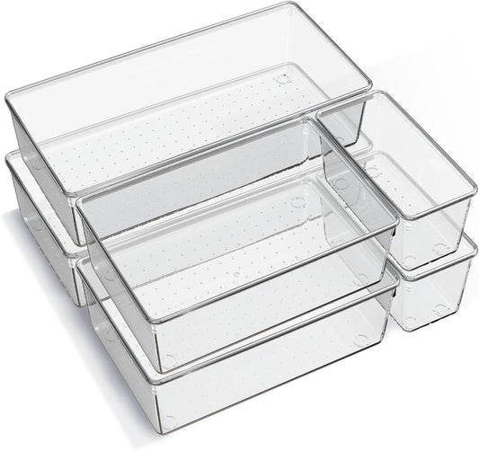 Large Clear Plastic Drawer Organizer Trays, Acrylic Kitchen Drawer Organization and Storage Dividers, Non-Slip Storage Bins for Makeup, Kitchen Utensils, Bathroom, Jewelries and Office Desk
