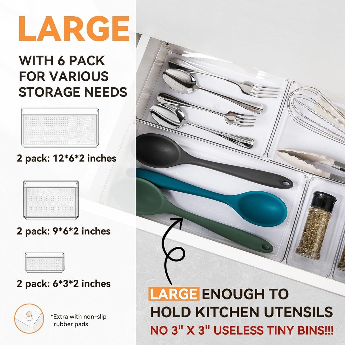 Large Clear Plastic Drawer Organizer Trays, Acrylic Kitchen Drawer Organization and Storage Dividers, Non-Slip Storage Bins for Makeup, Kitchen Utensils, Bathroom, Jewelries and Office Desk