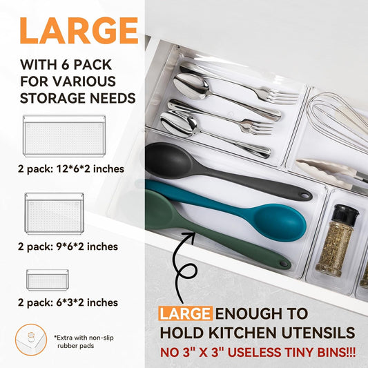 Large Clear Plastic Drawer Organizer Trays, Acrylic Kitchen Drawer Organization and Storage Dividers, Non-Slip Storage Bins for Makeup, Kitchen Utensils, Bathroom, Jewelries and Office Desk