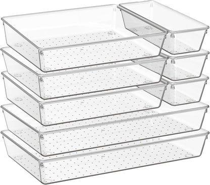Large Clear Plastic Drawer Organizer Trays, Acrylic Kitchen Drawer Organization and Storage Dividers, Non-Slip Storage Bins for Makeup, Kitchen Utensils, Bathroom, Jewelries and Office Desk
