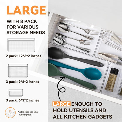 Large Clear Plastic Drawer Organizer Trays, Acrylic Kitchen Drawer Organization and Storage Dividers, Non-Slip Storage Bins for Makeup, Kitchen Utensils, Bathroom, Jewelries and Office Desk