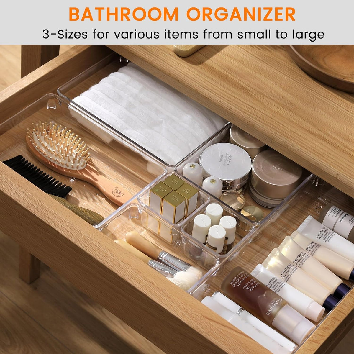 Large Clear Plastic Drawer Organizer Trays, Acrylic Kitchen Drawer Organization and Storage Dividers, Non-Slip Storage Bins for Makeup, Kitchen Utensils, Bathroom, Jewelries and Office Desk