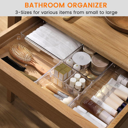 Large Clear Plastic Drawer Organizer Trays, Acrylic Kitchen Drawer Organization and Storage Dividers, Non-Slip Storage Bins for Makeup, Kitchen Utensils, Bathroom, Jewelries and Office Desk