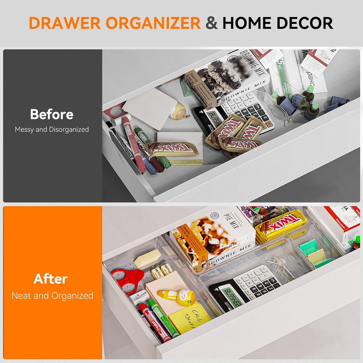 Large Clear Plastic Drawer Organizer Trays, Acrylic Kitchen Drawer Organization and Storage Dividers, Non-Slip Storage Bins for Makeup, Kitchen Utensils, Bathroom, Jewelries and Office Desk