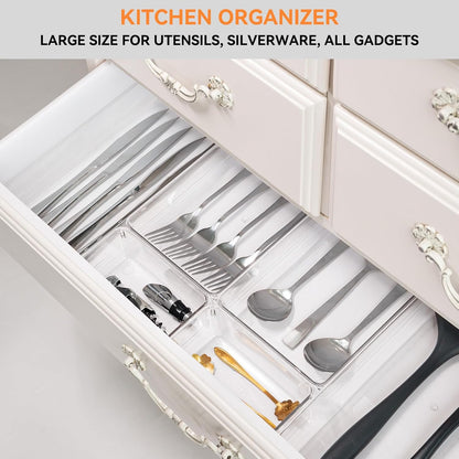 Large Clear Plastic Drawer Organizer Trays, Acrylic Kitchen Drawer Organization and Storage Dividers, Non-Slip Storage Bins for Makeup, Kitchen Utensils, Bathroom, Jewelries and Office Desk
