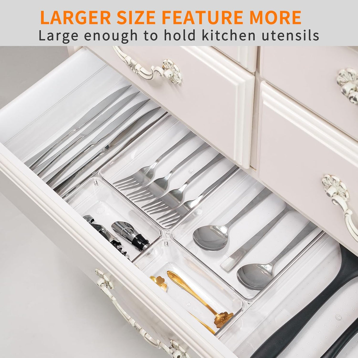 Large Clear Plastic Drawer Organizer Trays, Acrylic Kitchen Drawer Organization and Storage Dividers, Non-Slip Storage Bins for Makeup, Kitchen Utensils, Bathroom, Jewelries and Office Desk