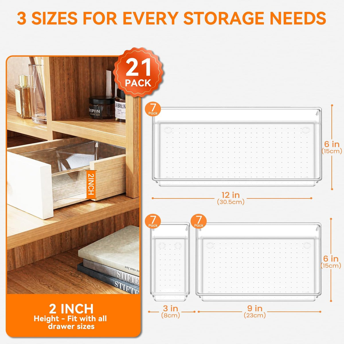 Large Clear Plastic Drawer Organizer Trays, Acrylic Kitchen Drawer Organization and Storage Dividers, Non-Slip Storage Bins for Makeup, Kitchen Utensils, Bathroom, Jewelries and Office Desk