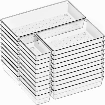 Large Clear Plastic Drawer Organizer Trays, Acrylic Kitchen Drawer Organization and Storage Dividers, Non-Slip Storage Bins for Makeup, Kitchen Utensils, Bathroom, Jewelries and Office Desk