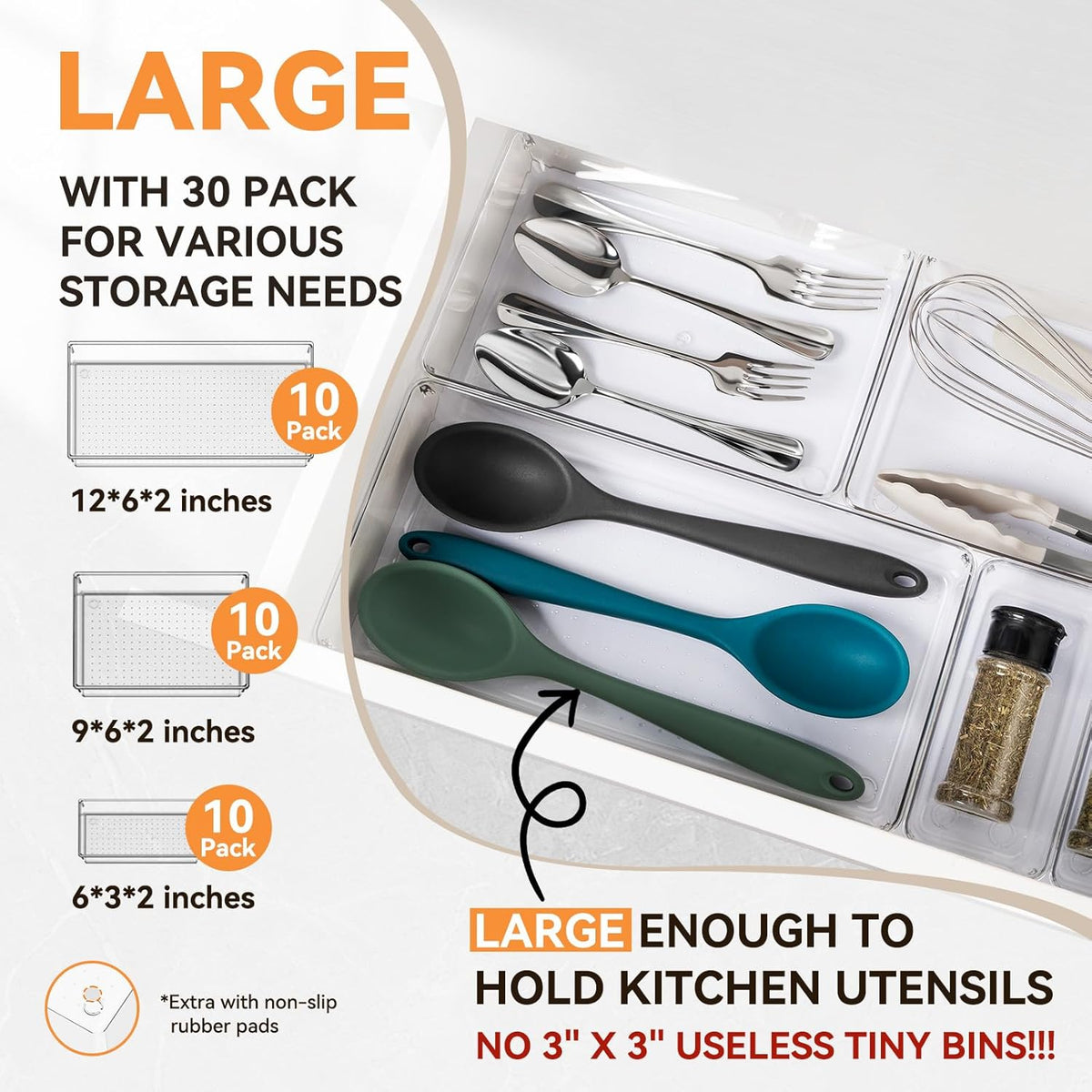 Large Clear Plastic Drawer Organizer Trays, Acrylic Kitchen Drawer Organization and Storage Dividers, Non-Slip Storage Bins for Makeup, Kitchen Utensils, Bathroom, Jewelries and Office Desk