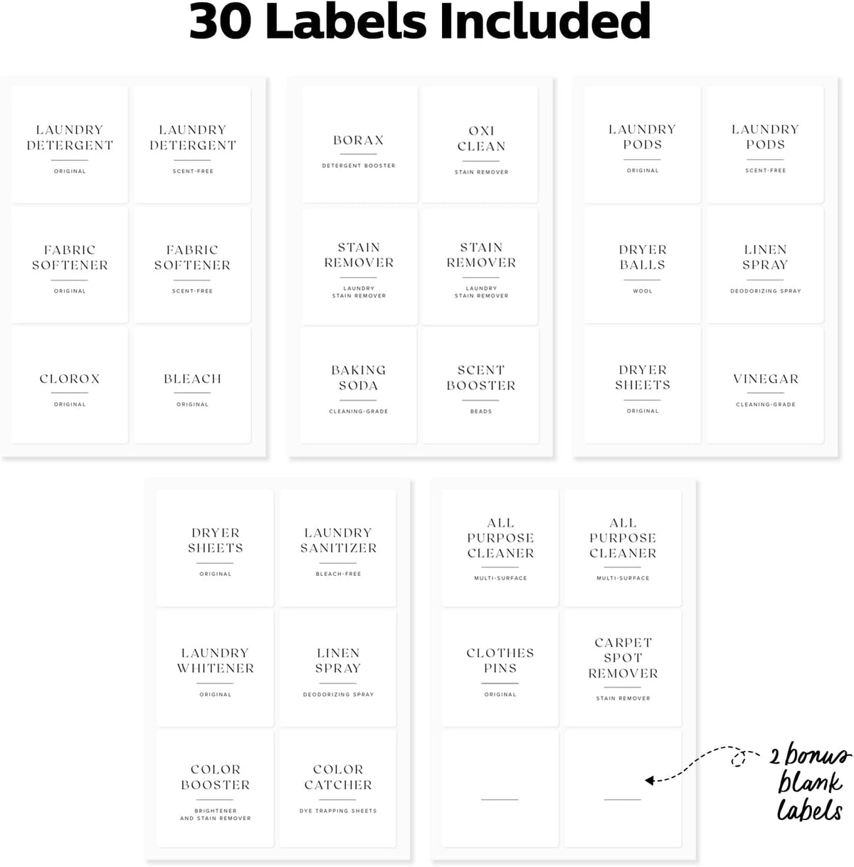 Laundry & Home Organization Labels - 30 Waterproof & Reusable Stickers for Bottles, Jars, Containers | Easy Apply, Matte Minimalist Design | Dishwasher Safe, BPA-Free | USA-Owned