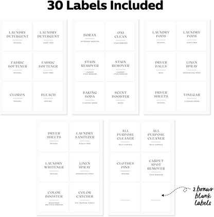 Laundry & Home Organization Labels - 30 Waterproof & Reusable Stickers for Bottles, Jars, Containers | Easy Apply, Matte Minimalist Design | Dishwasher Safe, BPA-Free | USA-Owned