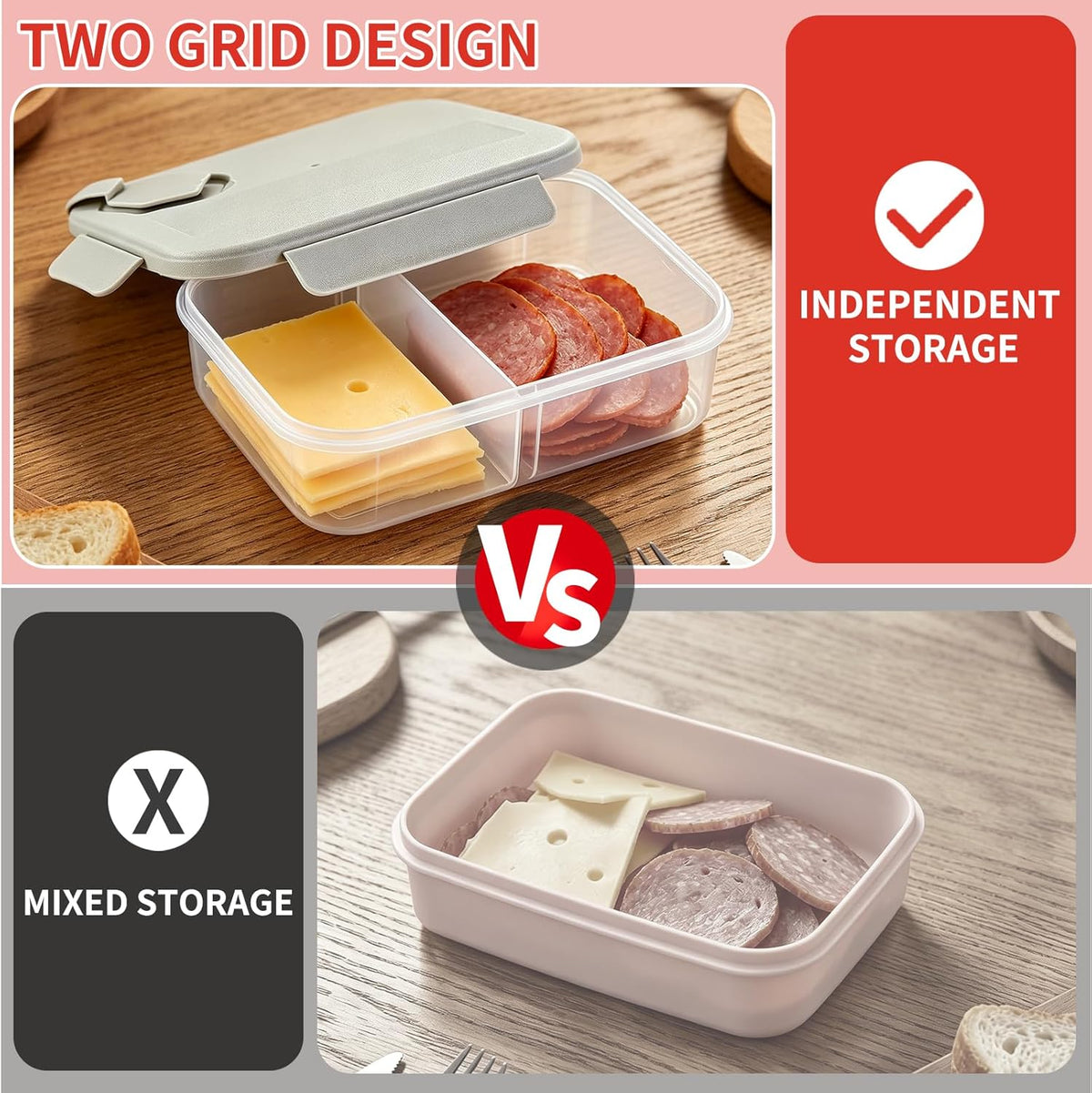 Meat and Cheese Container for Fridge, Deli Meat Container for Fridge Organizers and Storage, Categorized Storage for Neater Organization, Double Compartment Snack Container with Lid, Keep Food Fresh