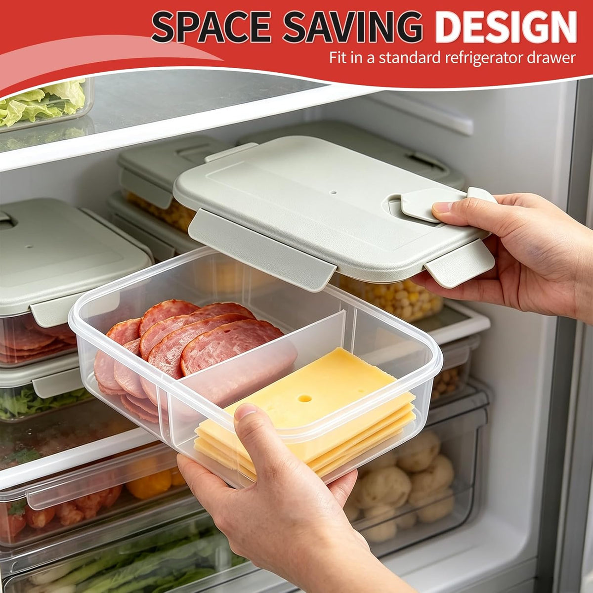 Meat and Cheese Container for Fridge, Deli Meat Container for Fridge Organizers and Storage, Categorized Storage for Neater Organization, Double Compartment Snack Container with Lid, Keep Food Fresh