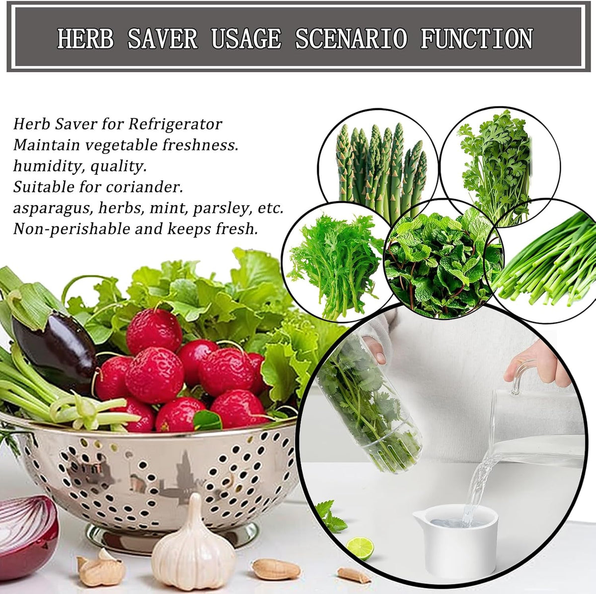 Herb Saver, Herb Keeper for Refrigerator, Cilantro Container for Fridge, Fresh Herbs Lettuce Vegetable Preservation Bottle Keeper Parsley Mint Refrigerator Storage for Fresh for 2-3 Weeks