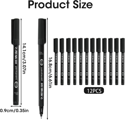 12 Pack Fine Point Black Permanent Marker Pens 0.6mm, Quick-Dry Waterproof Ink for Writing Drawing Labeling on Plastic Wood Metal Glass, Long-Lasting Fine-Tip Markers for Office School Home Crafts