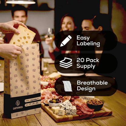 Cheese And Deli Storage 20 Breathable Wax Paper Cheese Storage Bags, Compostable, Biodegradable, and Plastic-Free Paper to Keep Cheese and Charcuterie Fresh, Kitchen Organization 6.25 x 11 inch