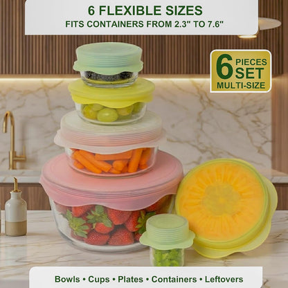 Silicone Stretch Lids 6 PCS – Airtight Reusable Food Covers for Bowls & Containers, Multi Size Flexible Silicone Lids, Leak Proof, BPA Free, Microwave Dishwasher & Freezer Safe