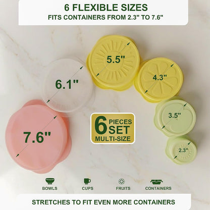 Silicone Stretch Lids 6 PCS – Airtight Reusable Food Covers for Bowls & Containers, Multi Size Flexible Silicone Lids, Leak Proof, BPA Free, Microwave Dishwasher & Freezer Safe