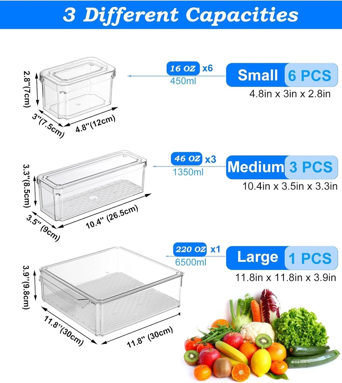 10-Pack Clear Fridge Organizer Containers with Lids, Stackable BPA-Free Refrigerator & Produce Storage Containers with Drain Tray & Anti-Slip Base for Fruits, Veggies & Drinks