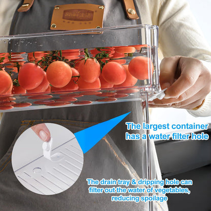 10-Pack Clear Fridge Organizer Containers with Lids, Stackable BPA-Free Refrigerator & Produce Storage Containers with Drain Tray & Anti-Slip Base for Fruits, Veggies & Drinks