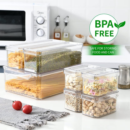 10-Pack Clear Fridge Organizer Containers with Lids, Stackable BPA-Free Refrigerator & Produce Storage Containers with Drain Tray & Anti-Slip Base for Fruits, Veggies & Drinks