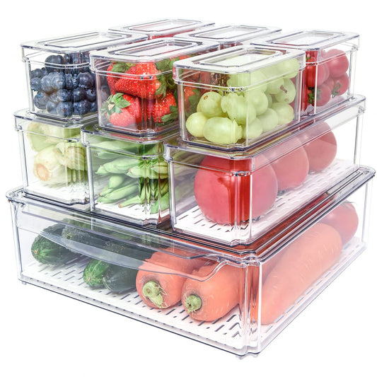10 Pack Fridge Organizer, Stackable Refrigerator Organizer Bins with Lids, Produce Fruit Storage Containers for Storage Clear for Food, Drinks, Vegetable Storage