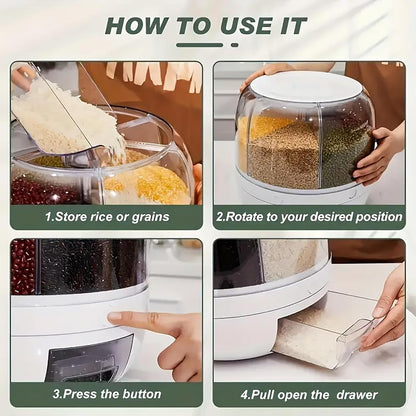 360° Rotating Grain Dispenser, 6-Grid Large Rice Storage Container (13 Lbs), One-Click Output Sealed Food Storage for Rice, Beans, Cereal - Countertop Kitchen Organization