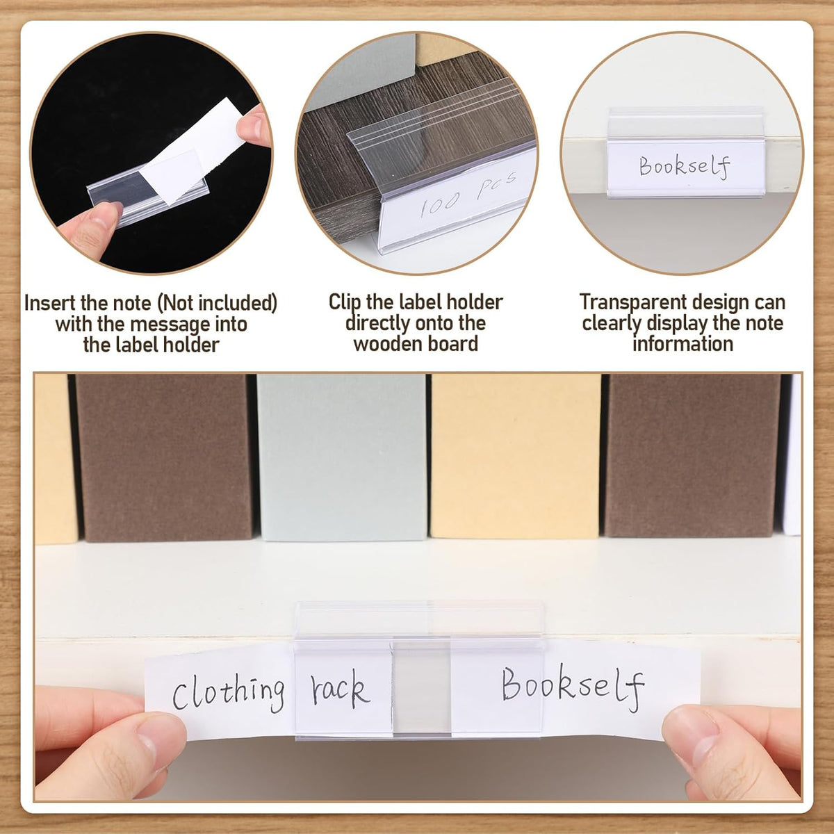 100 Pcs Wood Shelf Label Holders Clear Plastic Price Tag 2.4 in L x 1 in H for Bookshelf Shelves, Wood Shelf Sign and Ticket Holder, Clips On to Shelves 3/4" to 1" Thick