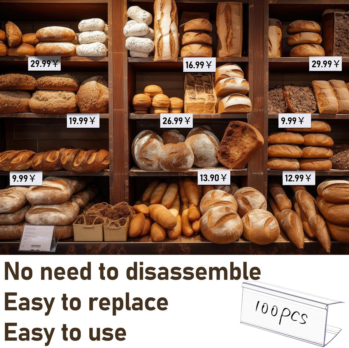 100 Pcs Wood Shelf Label Holders Clear Plastic Price Tag 2.4 in L x 1 in H for Bookshelf Shelves, Wood Shelf Sign and Ticket Holder, Clips On to Shelves 3/4" to 1" Thick