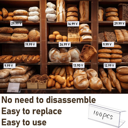 100 Pcs Wood Shelf Label Holders Clear Plastic Price Tag 2.4 in L x 1 in H for Bookshelf Shelves, Wood Shelf Sign and Ticket Holder, Clips On to Shelves 3/4" to 1" Thick