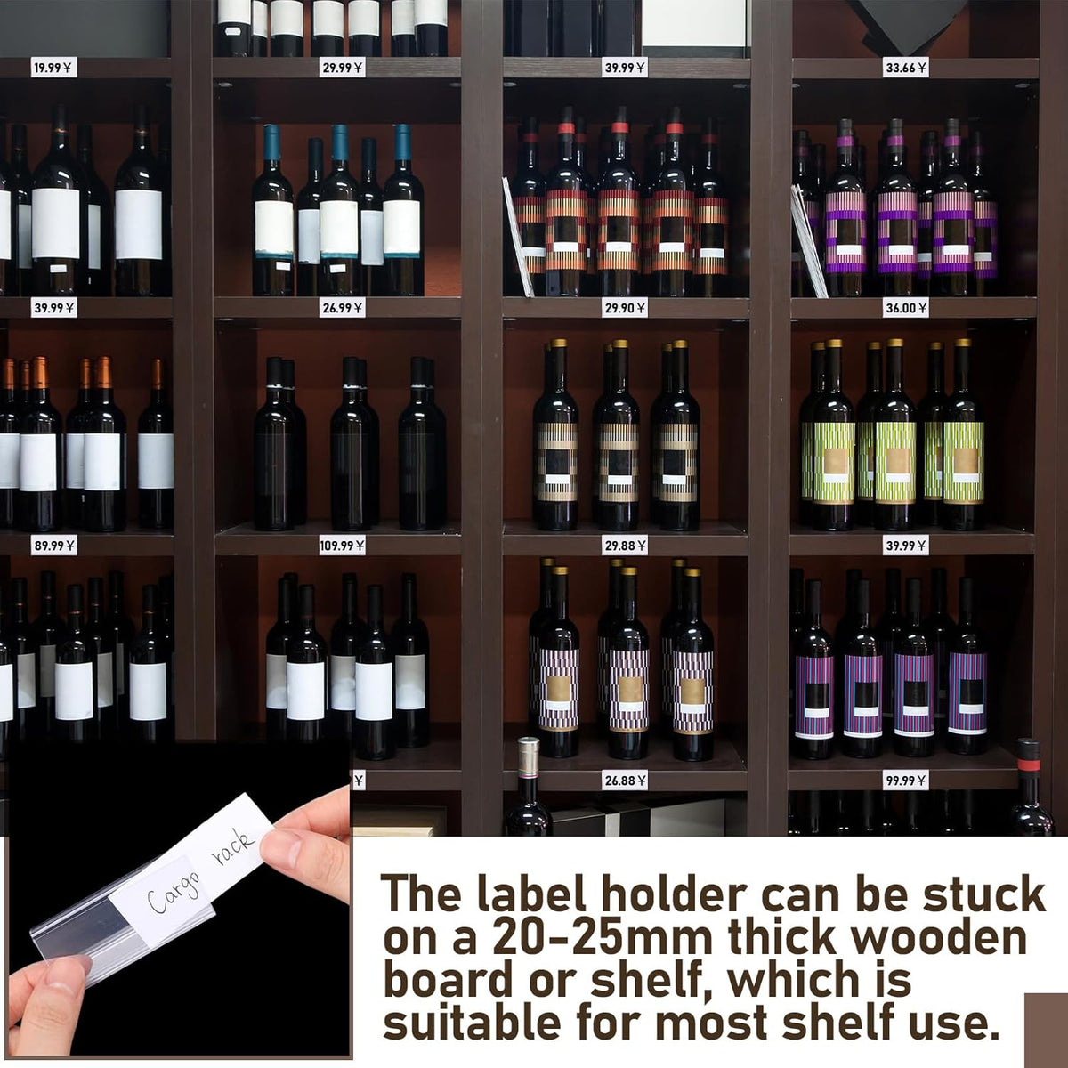 100 Pcs Wood Shelf Label Holders Clear Plastic Price Tag 2.4 in L x 1 in H for Bookshelf Shelves, Wood Shelf Sign and Ticket Holder, Clips On to Shelves 3/4" to 1" Thick