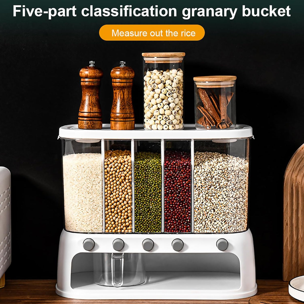 Dry Food Dispenser, Wall mounted 5 Grid Cereal Dispenser,Rice dispenser 25 pounds Kitchen Storage with Measuring Cup for Kitchen, Pantry, Restaurant & Bulk Food
