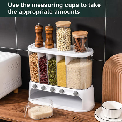 Dry Food Dispenser, Wall mounted 5 Grid Cereal Dispenser,Rice dispenser 25 pounds Kitchen Storage with Measuring Cup for Kitchen, Pantry, Restaurant & Bulk Food
