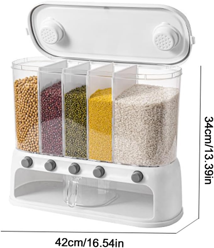 Dry Food Dispenser, Wall mounted 5 Grid Cereal Dispenser,Rice dispenser 25 pounds Kitchen Storage with Measuring Cup for Kitchen, Pantry, Restaurant & Bulk Food