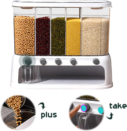 Dry Food Dispenser, Wall mounted 5 Grid Cereal Dispenser,Rice dispenser 25 pounds Kitchen Storage with Measuring Cup for Kitchen, Pantry, Restaurant & Bulk Food