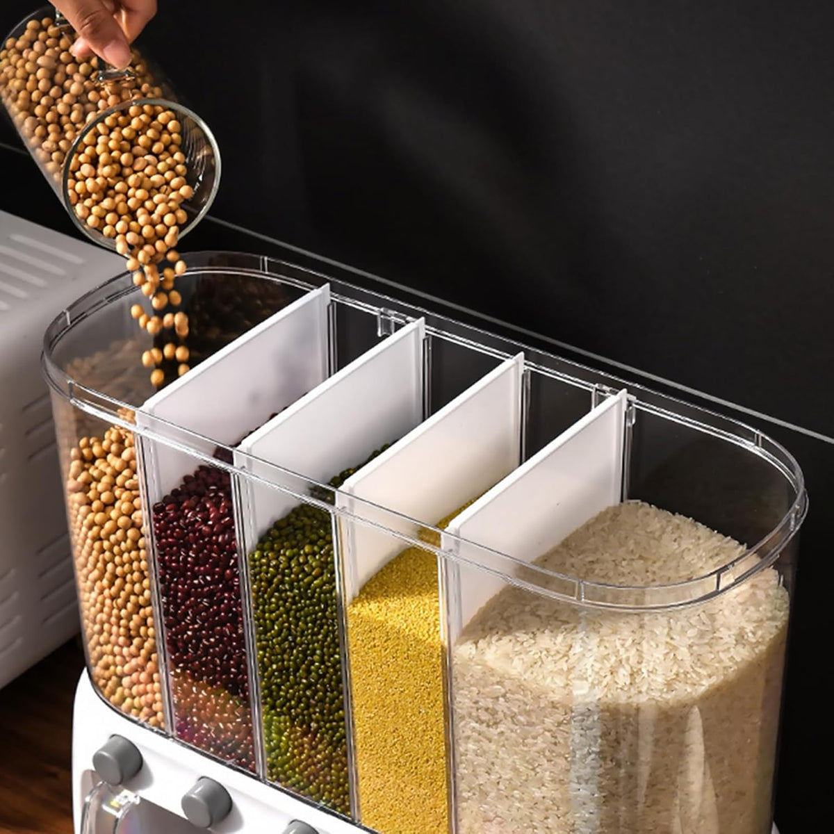 Dry Food Dispenser, Wall mounted 5 Grid Cereal Dispenser,Rice dispenser 25 pounds Kitchen Storage with Measuring Cup for Kitchen, Pantry, Restaurant & Bulk Food