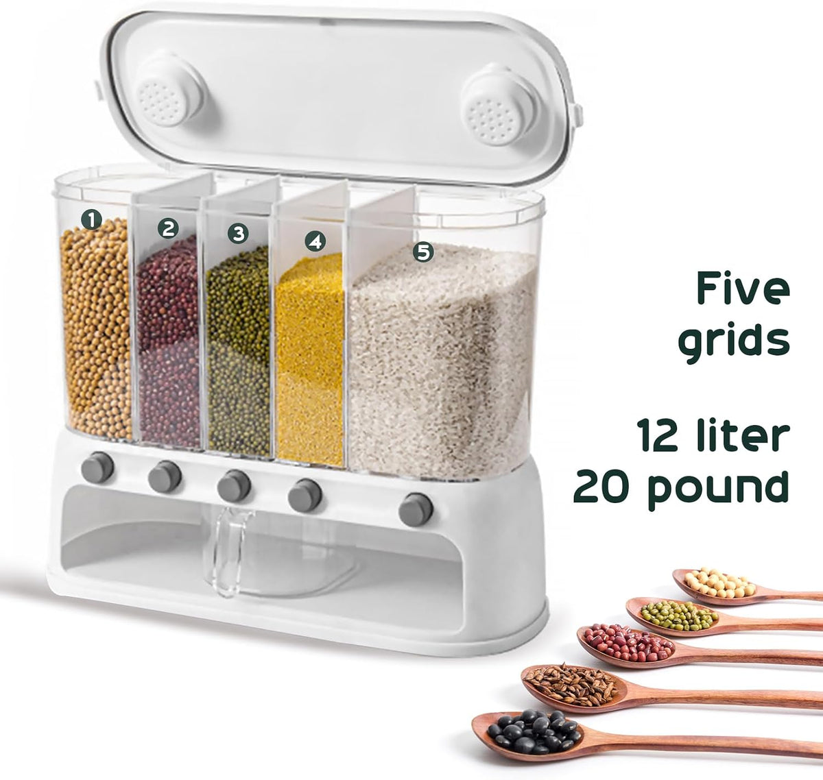Dry Food Dispenser, Wall mounted 5 Grid Cereal Dispenser,Rice dispenser 25 pounds Kitchen Storage with Measuring Cup for Kitchen, Pantry, Restaurant & Bulk Food