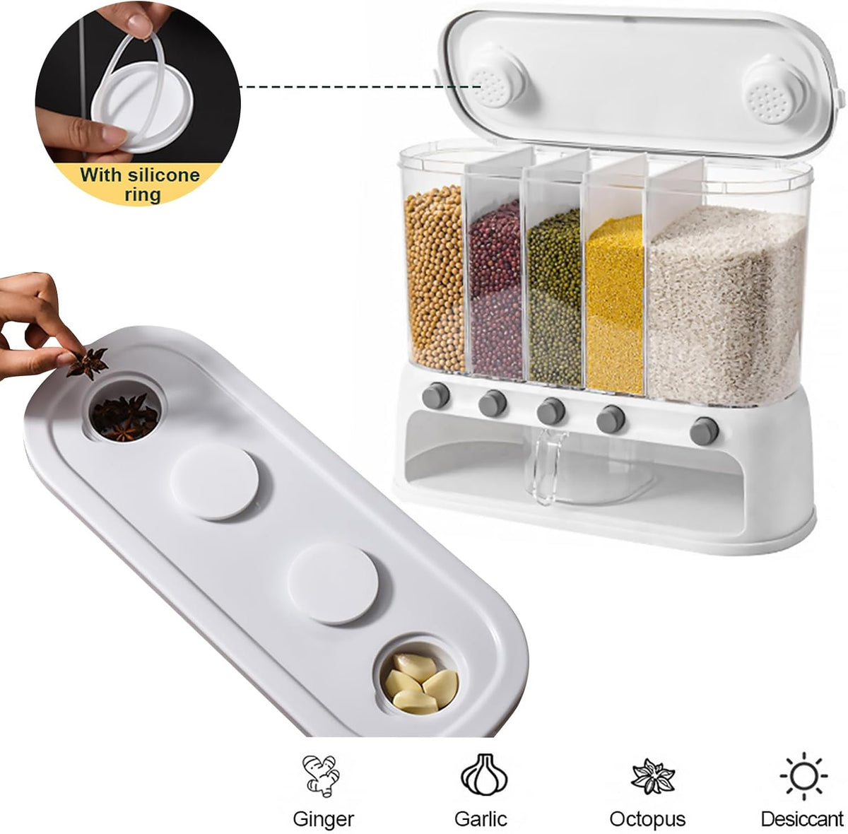 Dry Food Dispenser, Wall mounted 5 Grid Cereal Dispenser,Rice dispenser 25 pounds Kitchen Storage with Measuring Cup for Kitchen, Pantry, Restaurant & Bulk Food