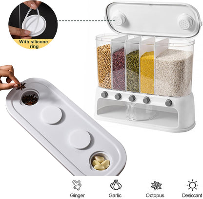 Dry Food Dispenser, Wall mounted 5 Grid Cereal Dispenser,Rice dispenser 25 pounds Kitchen Storage with Measuring Cup for Kitchen, Pantry, Restaurant & Bulk Food
