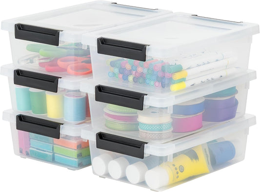 Storage Bins with Lids |Made in USA| 2 Qt - - Clear | Sensory Craft Organizers, Plastic Clip Box Totes, Flat Containers for Organizing Paper, Office, Art & Study Supplies