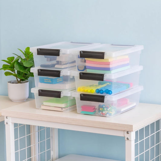 Storage Bins with Lids |Made in USA| 2 Qt - - Clear | Sensory Craft Organizers, Plastic Clip Box Totes, Flat Containers for Organizing Paper, Office, Art & Study Supplies