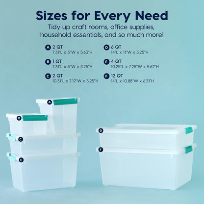 Storage Bins with Lids |Made in USA| 2 Qt - - Clear | Sensory Craft Organizers, Plastic Clip Box Totes, Flat Containers for Organizing Paper, Office, Art & Study Supplies