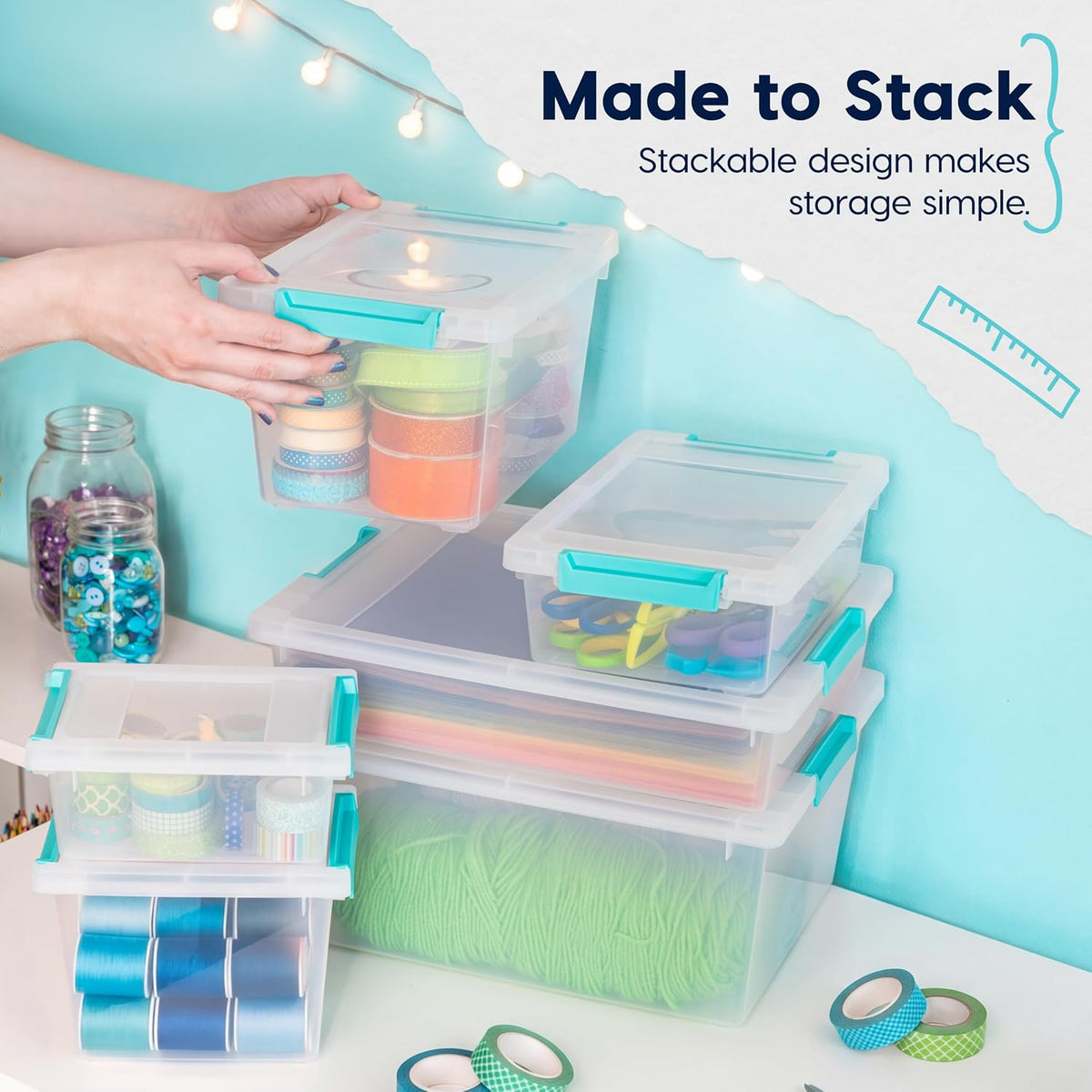 Storage Bins with Lids |Made in USA| 2 Qt - - Clear | Sensory Craft Organizers, Plastic Clip Box Totes, Flat Containers for Organizing Paper, Office, Art & Study Supplies