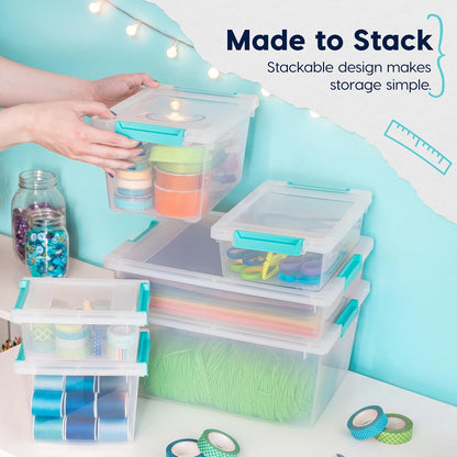 Storage Bins with Lids |Made in USA| 2 Qt - - Clear | Sensory Craft Organizers, Plastic Clip Box Totes, Flat Containers for Organizing Paper, Office, Art & Study Supplies