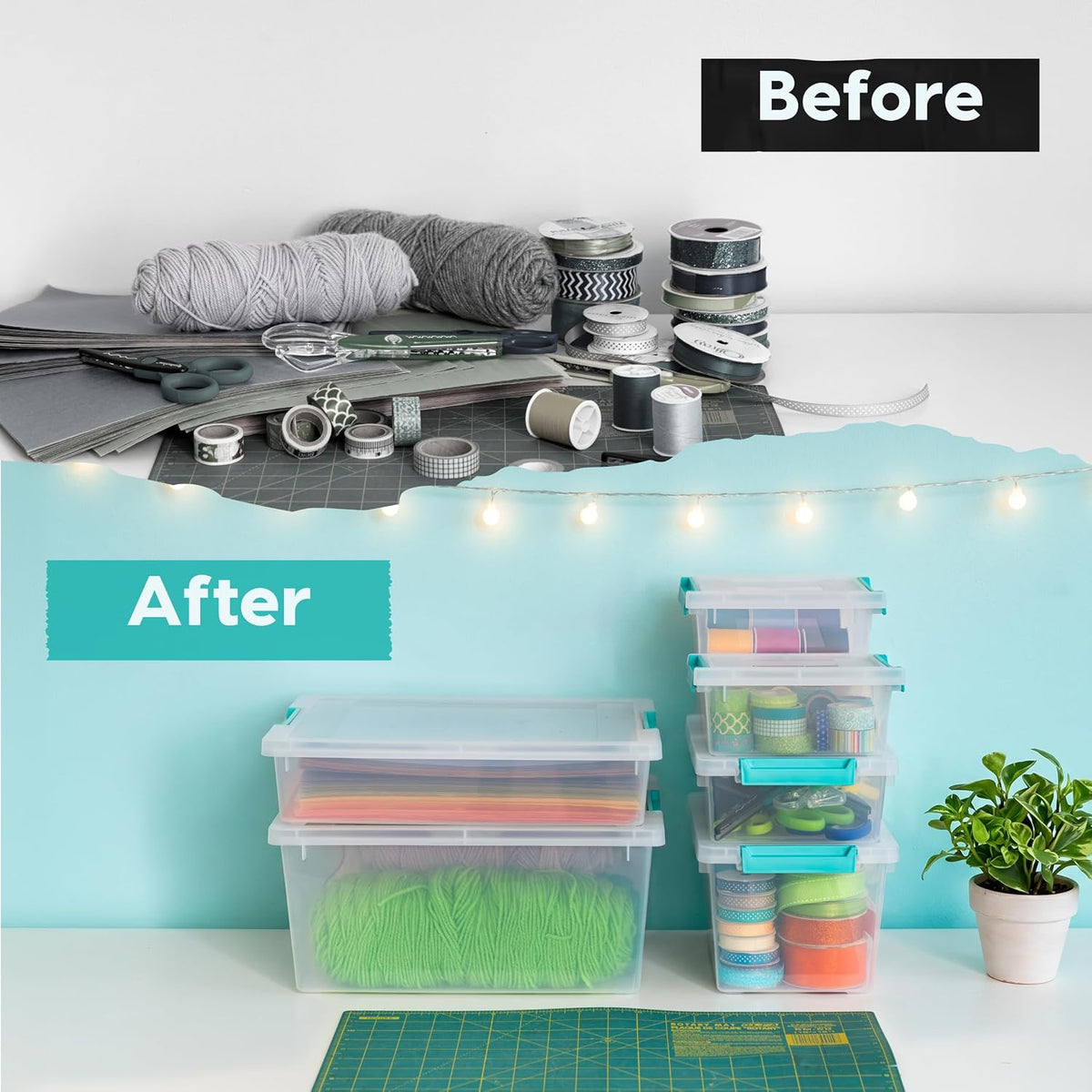 Storage Bins with Lids |Made in USA| 2 Qt - - Clear | Sensory Craft Organizers, Plastic Clip Box Totes, Flat Containers for Organizing Paper, Office, Art & Study Supplies