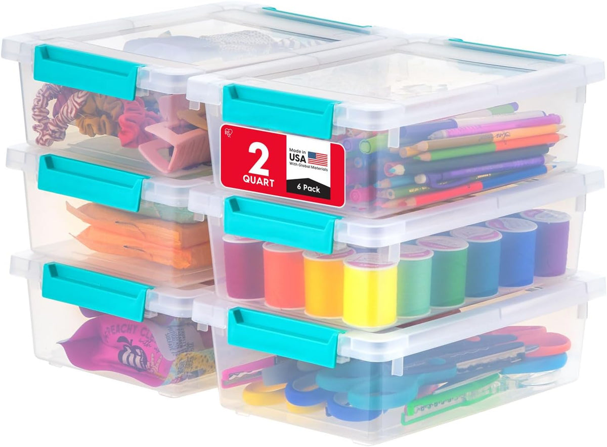Storage Bins with Lids |Made in USA| 2 Qt - - Clear | Sensory Craft Organizers, Plastic Clip Box Totes, Flat Containers for Organizing Paper, Office, Art & Study Supplies