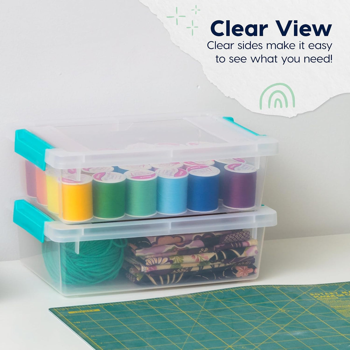 Storage Bins with Lids |Made in USA| 2 Qt - - Clear | Sensory Craft Organizers, Plastic Clip Box Totes, Flat Containers for Organizing Paper, Office, Art & Study Supplies